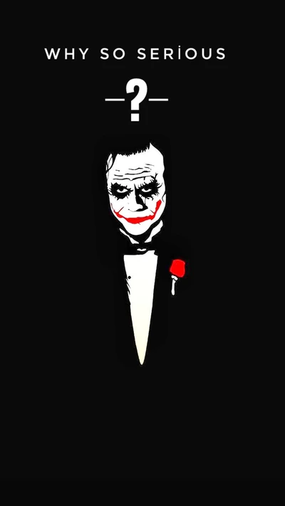 A stylized depiction of a character with a sinister smile and dramatic makeup, wearing a tuxedo and holding a rose, accompanied by the phrase "Why So Serious?