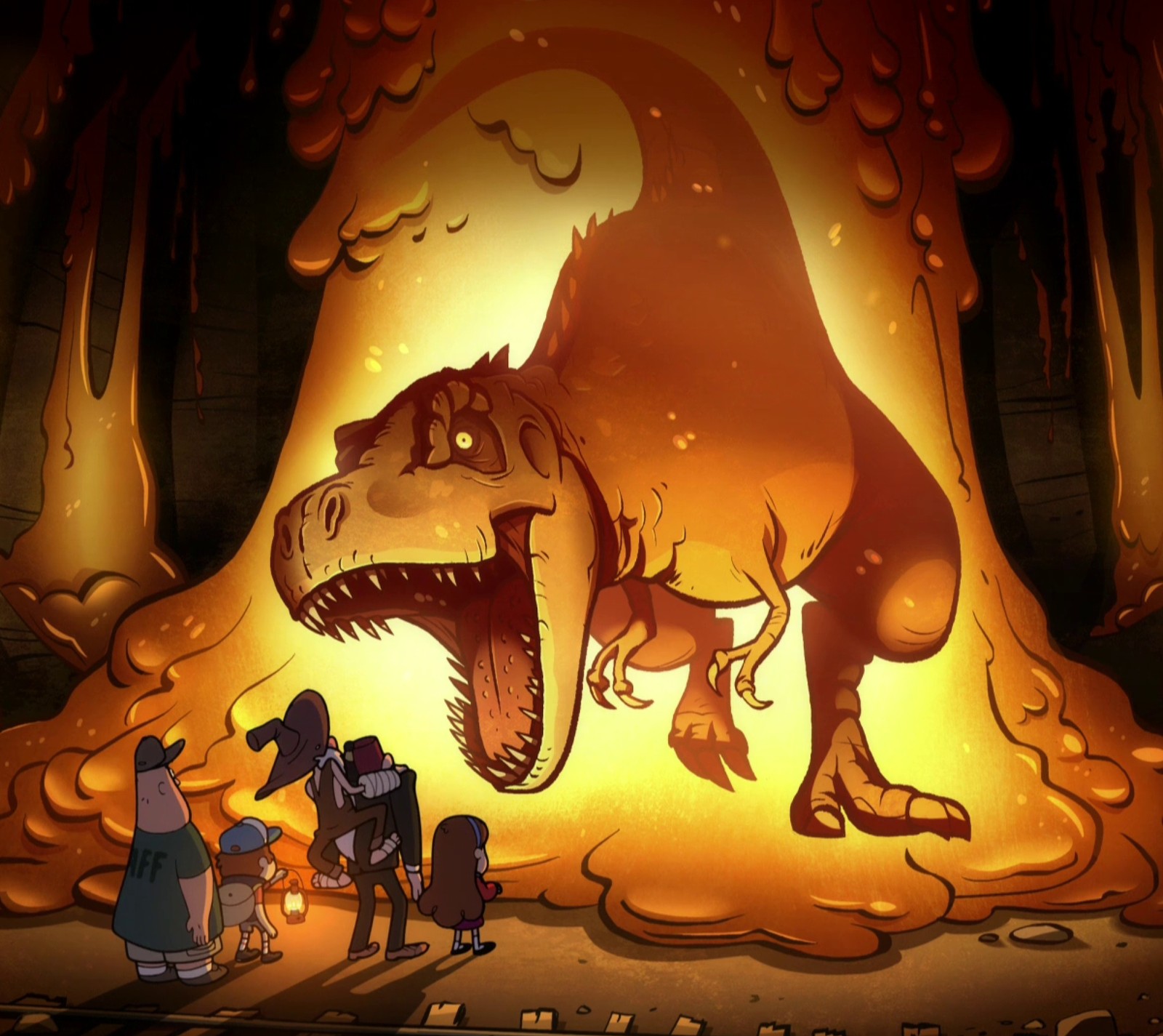 Una imagen de dibujos animados de un dinosaurio y un hombre en una cueva (cucharón, gravity falls, mabel)