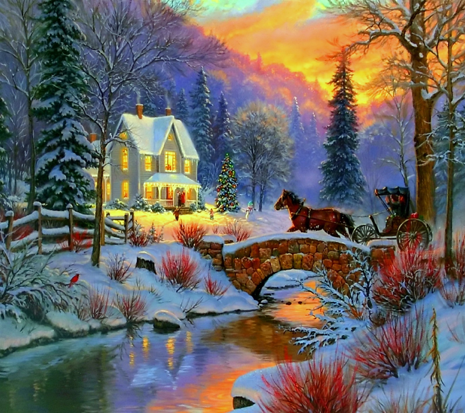 Peinture d'une charrette tirée par des chevaux traversant un pont au-dessus d'un ruisseau (noël, eve, paysage, mark keathely, peinture)