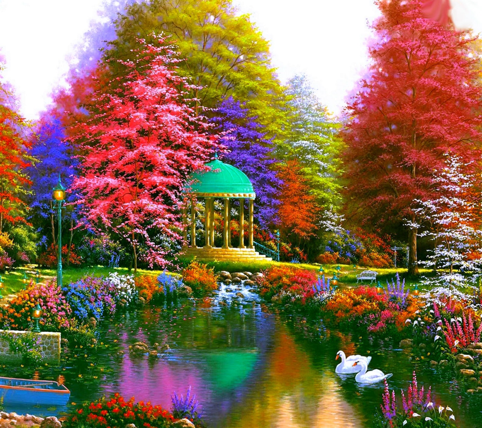 Pintura de un parque con un estanque y una glorieta rodeada de árboles (2013, 3d, hermoso, colorido, hd)