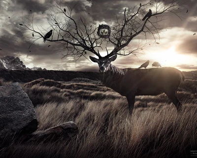 Un cerf majestueux avec des bois semblables à des arbres, orné de corbeaux, se tient dans un paysage mystique sous un ciel dramatique.