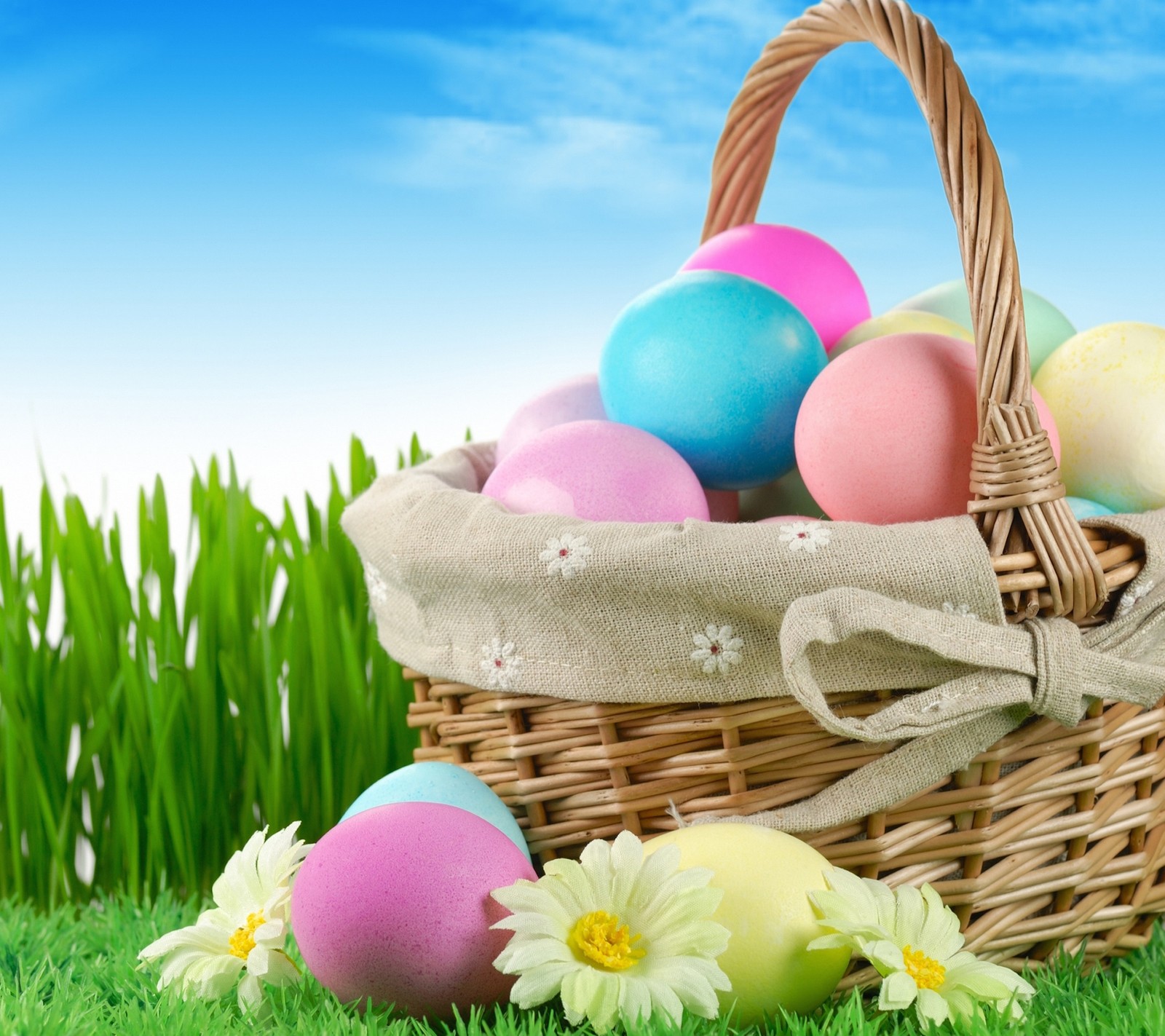 A basket full of colorful easter eggs sitting on top of a green field (easter, eggs)