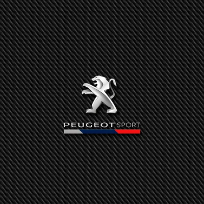 Logo Peugeot Sport avec emblème de lion argenté sur fond en fibre de carbone