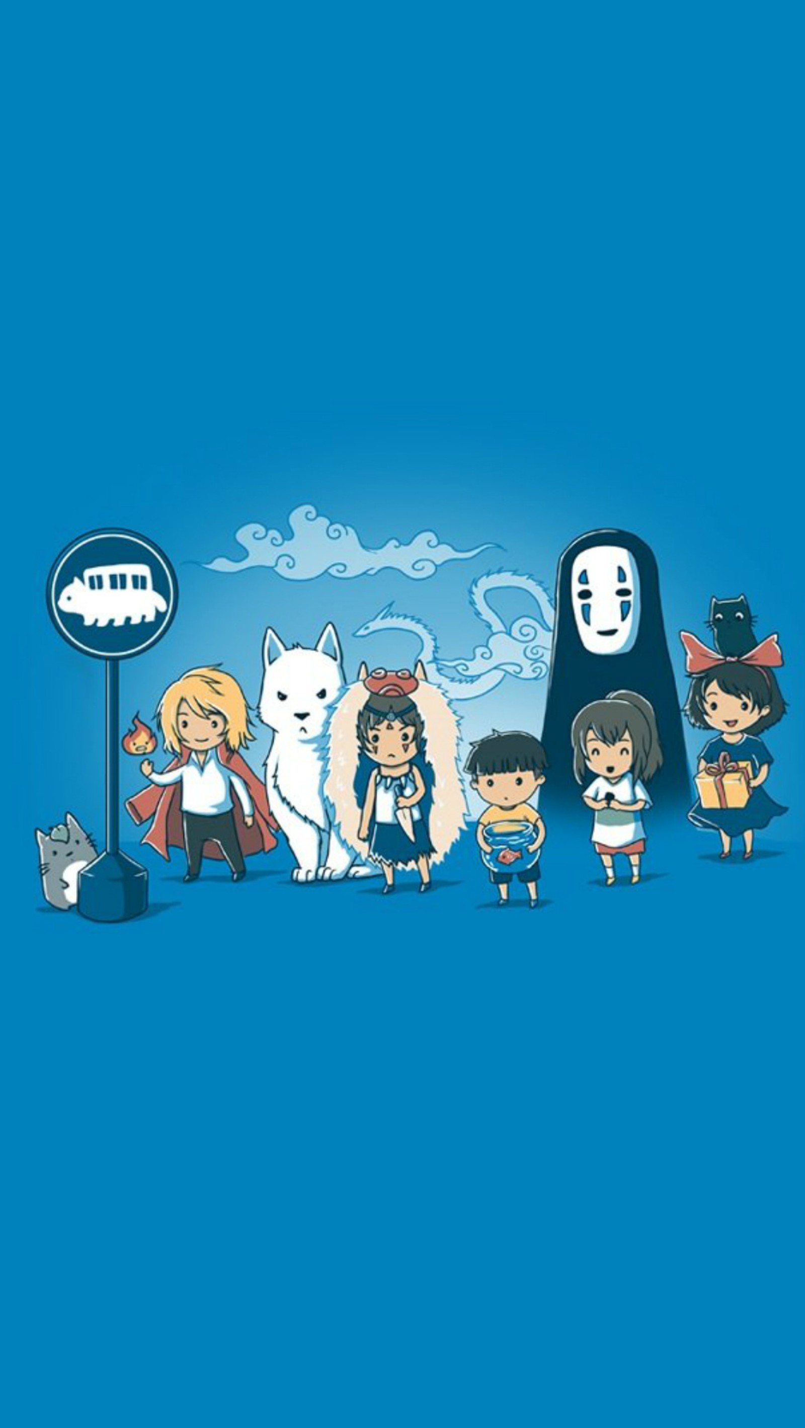 Un groupe de personnes se tenant à côté d'un panneau avec un chat (hurlement, kiki, mononoke, ponyo, studio ghibli)