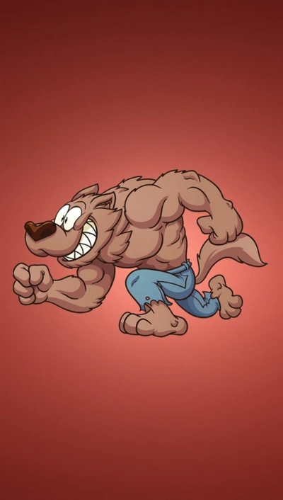 Lobo de dibujos animados musculoso en movimiento