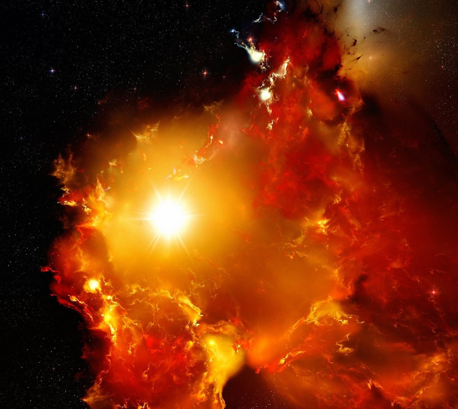 A close up of a bright orange explosion in the sky (clouds, galaxy, outer space, space, stars)