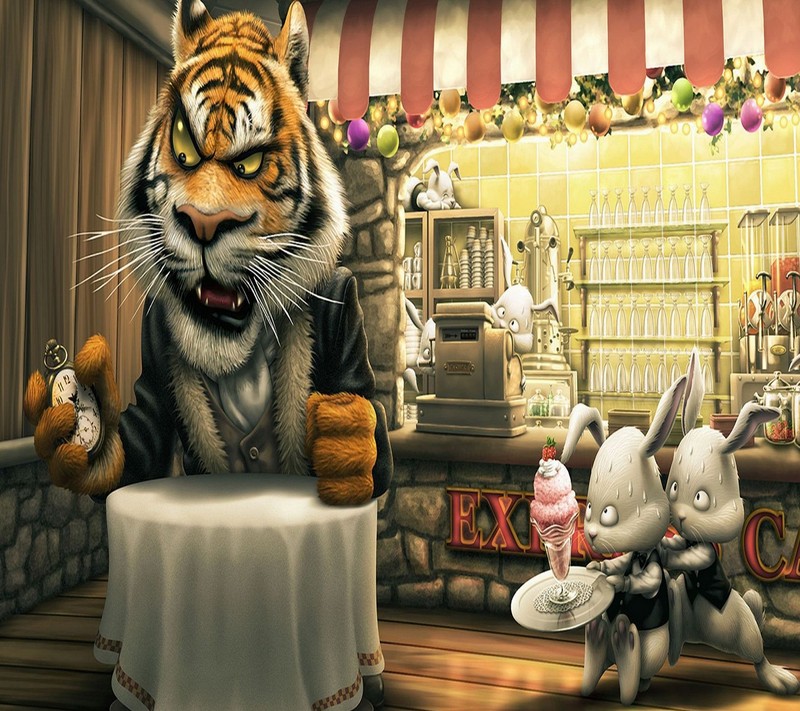 Caricatura de un tigre y un conejo comiendo en un restaurante (2160x1920, fondo de pantalla)