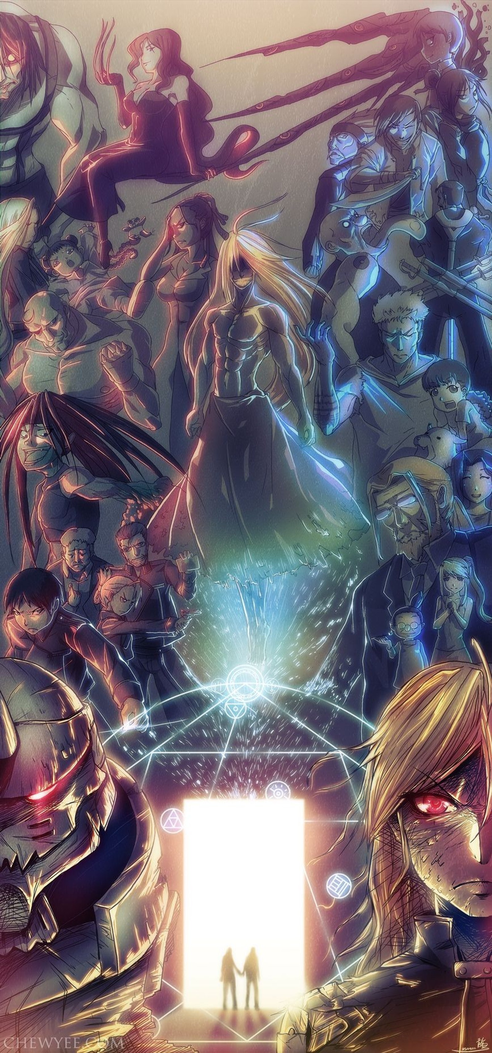 Un grupo de personajes de anime de pie frente a una puerta (fullmetal alchemist, fma, edward elric, alphonse elric, padre)