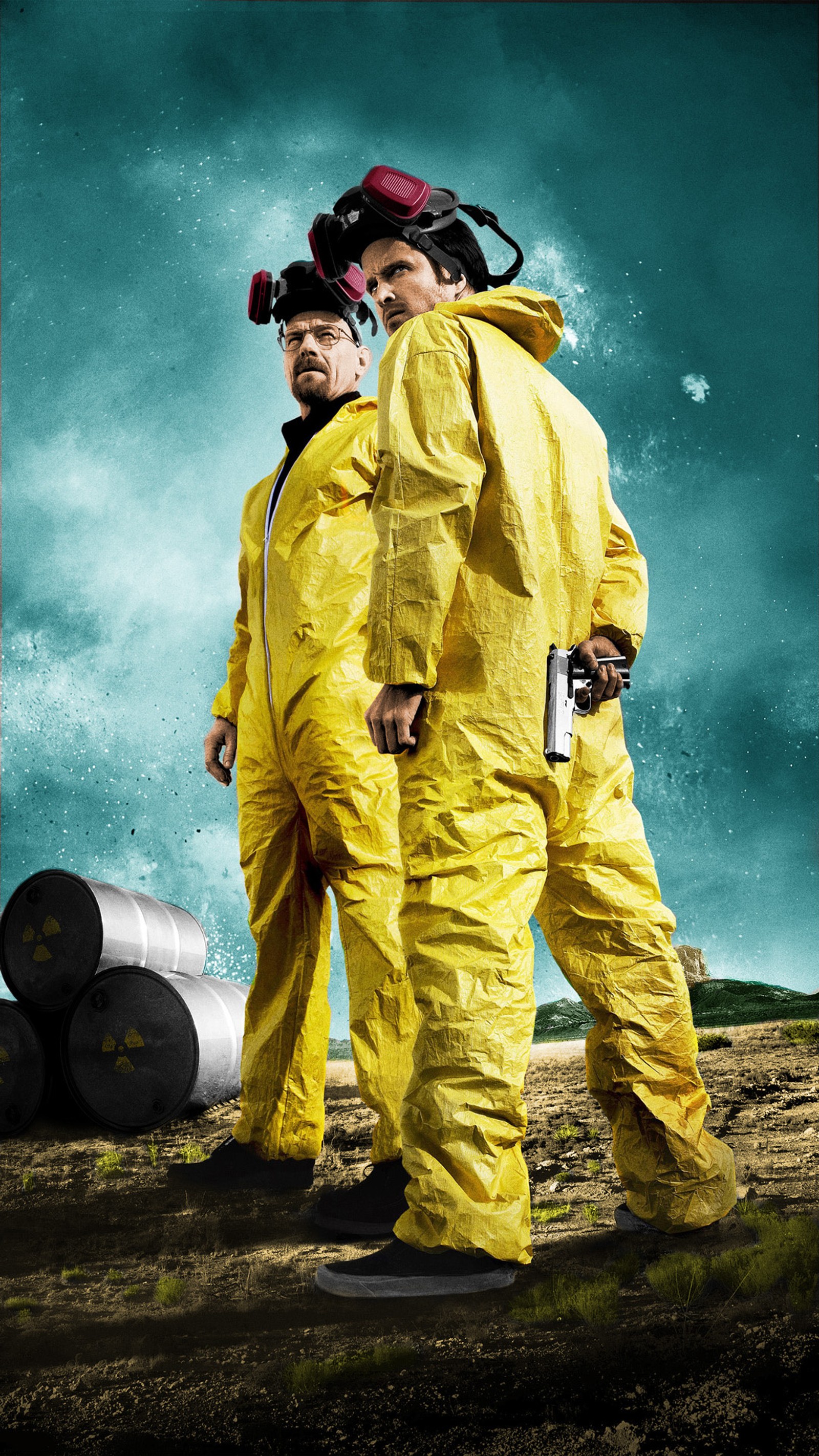 Verfälschtes bild von zwei männern in gelben anzügen, die auf einem feld stehen (brba, breaking bad, breaking bad season 3, heisenberg, jesse pinkman)