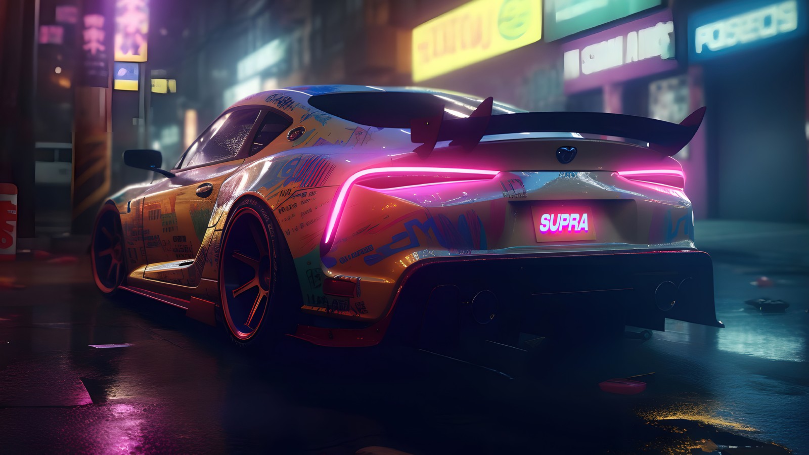 Lade toyota supra, neon, cyberpunk, stadt nacht, straße Hintergrund herunter