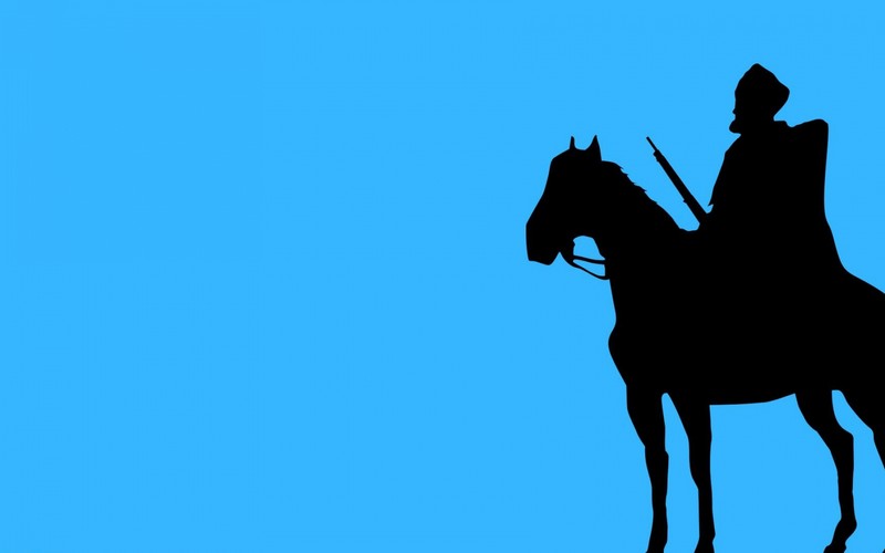 Silhouette d'un homme chevauchant un cheval avec une épée à la main (crinière, étalon, ciel, bleu, vecteur)