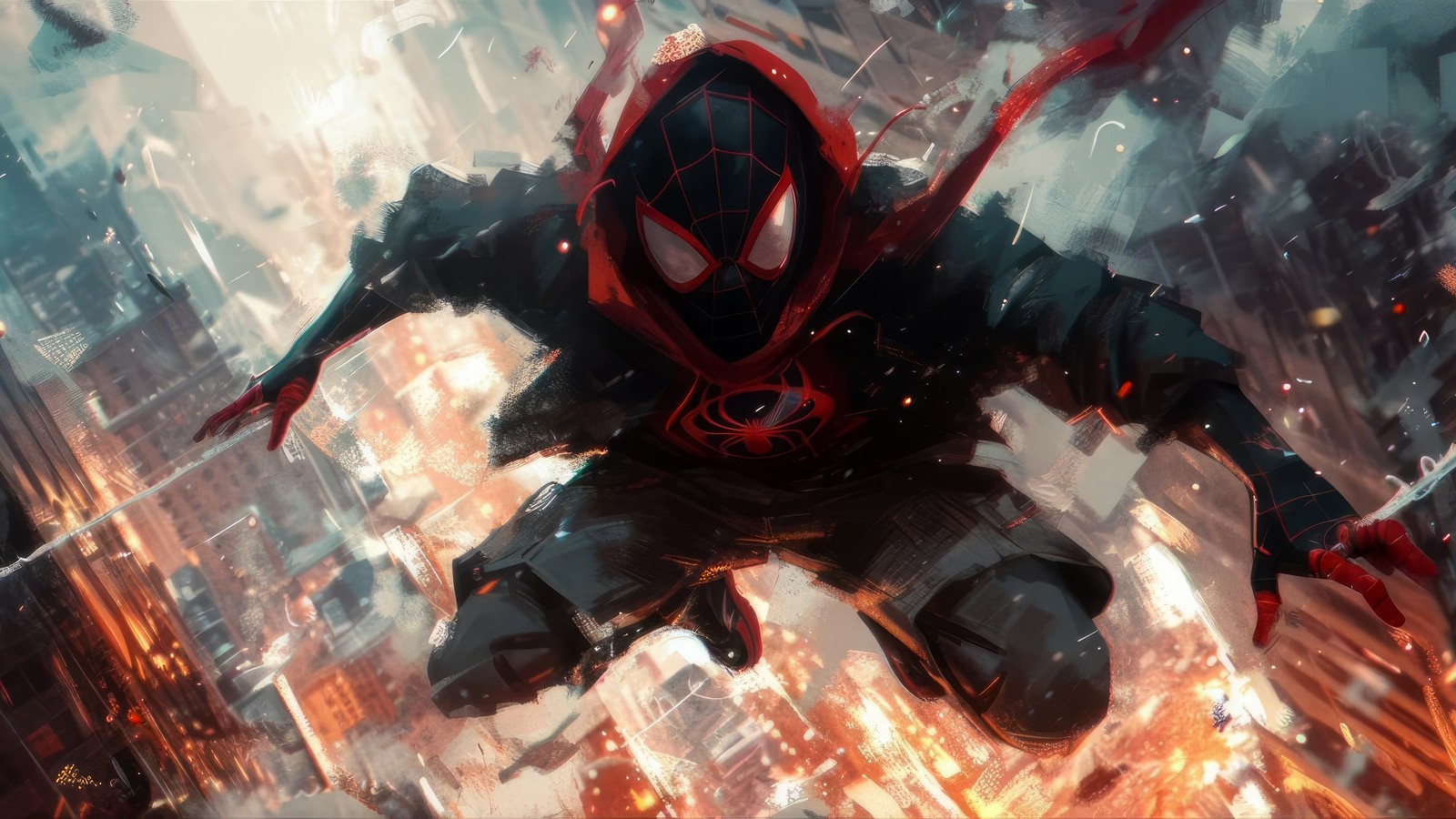 Spider-man dans la ville avec un hoodie rouge volant dans les airs (miles morales, spider man, spiderman, marvel, bandes dessinées)