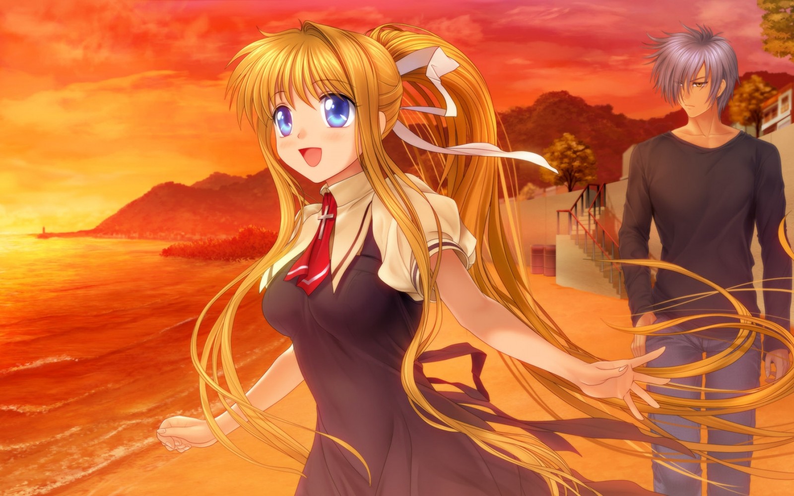 Anime-mädchen mit langen blonden haaren, das am strand neben einem mann geht (anime, lange haare, braunes haar, blond, orange)