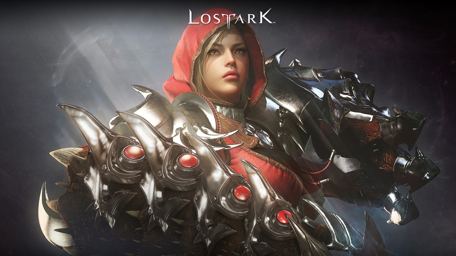 A woman in armor with a red hoodie and a sword (lost ark, mmorpg, video game, fighter)