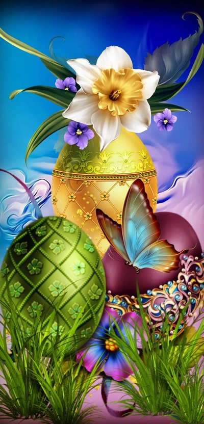 Vibrant Easter Eggs Surrounded by Flowers and a Butterfly