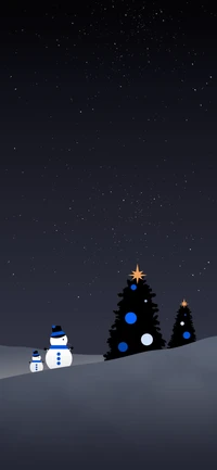 Starry Night with Snowmen and Glowing Christmas Trees