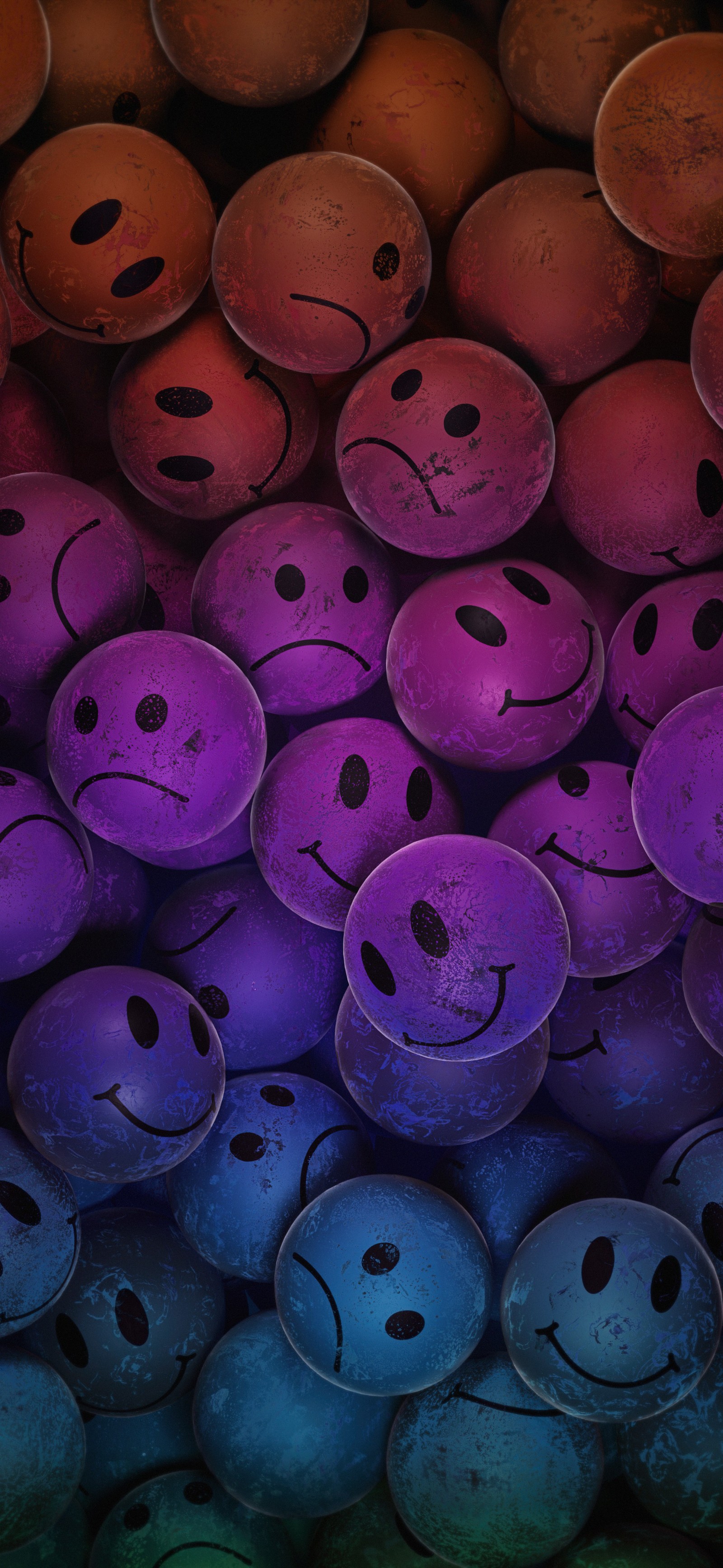 Arafed image of a pile of smiley faces with different colors (smartphone, ios, ios 15, colorfulness, purple)