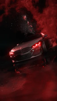 BMW em iluminação vermelha dramática com fundo estrelado