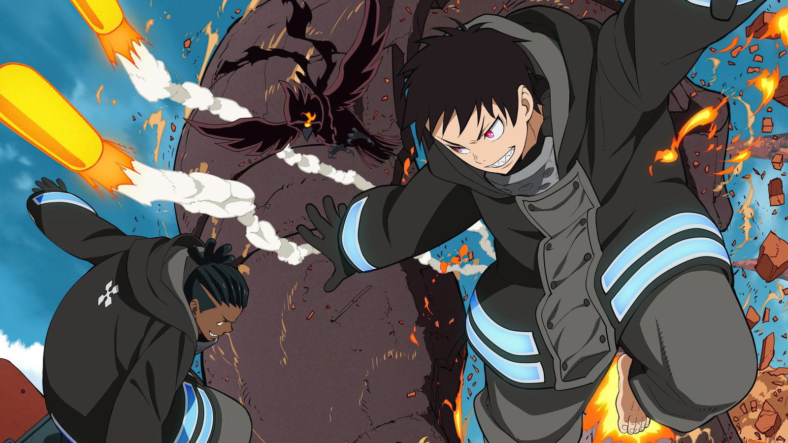 Personajes de anime en trajes negros y azules luchando con fuego (fire force, anime, enen no shouboutai, 炎炎ノ消防隊, temporada 2)