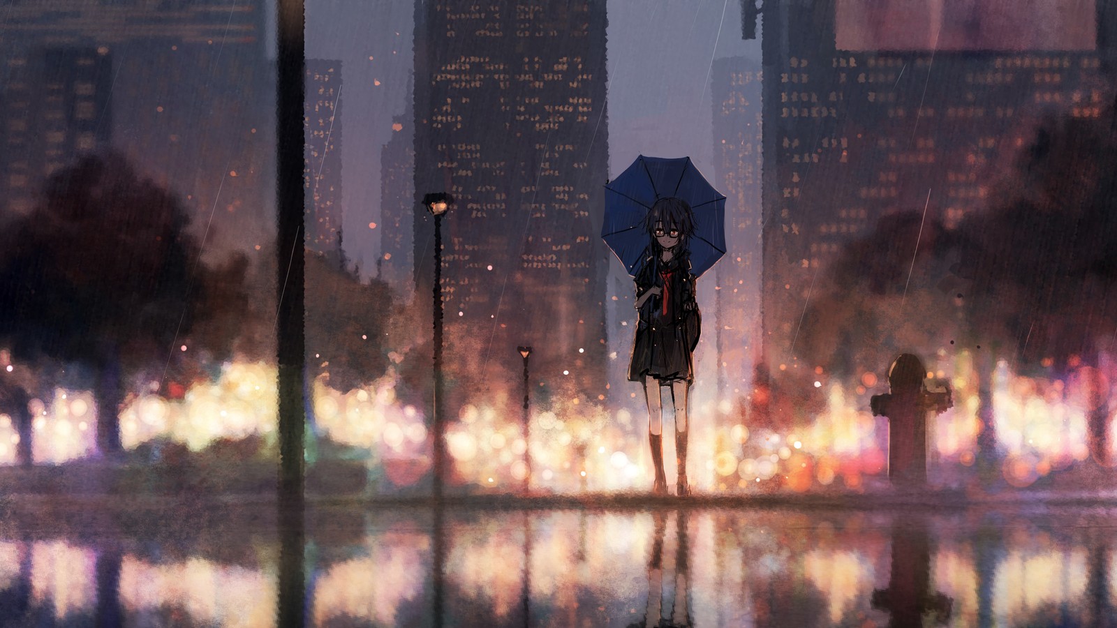 Anime girl with umbrella standing in the rain in front of a city (anime, reflection, city, world, pc game)