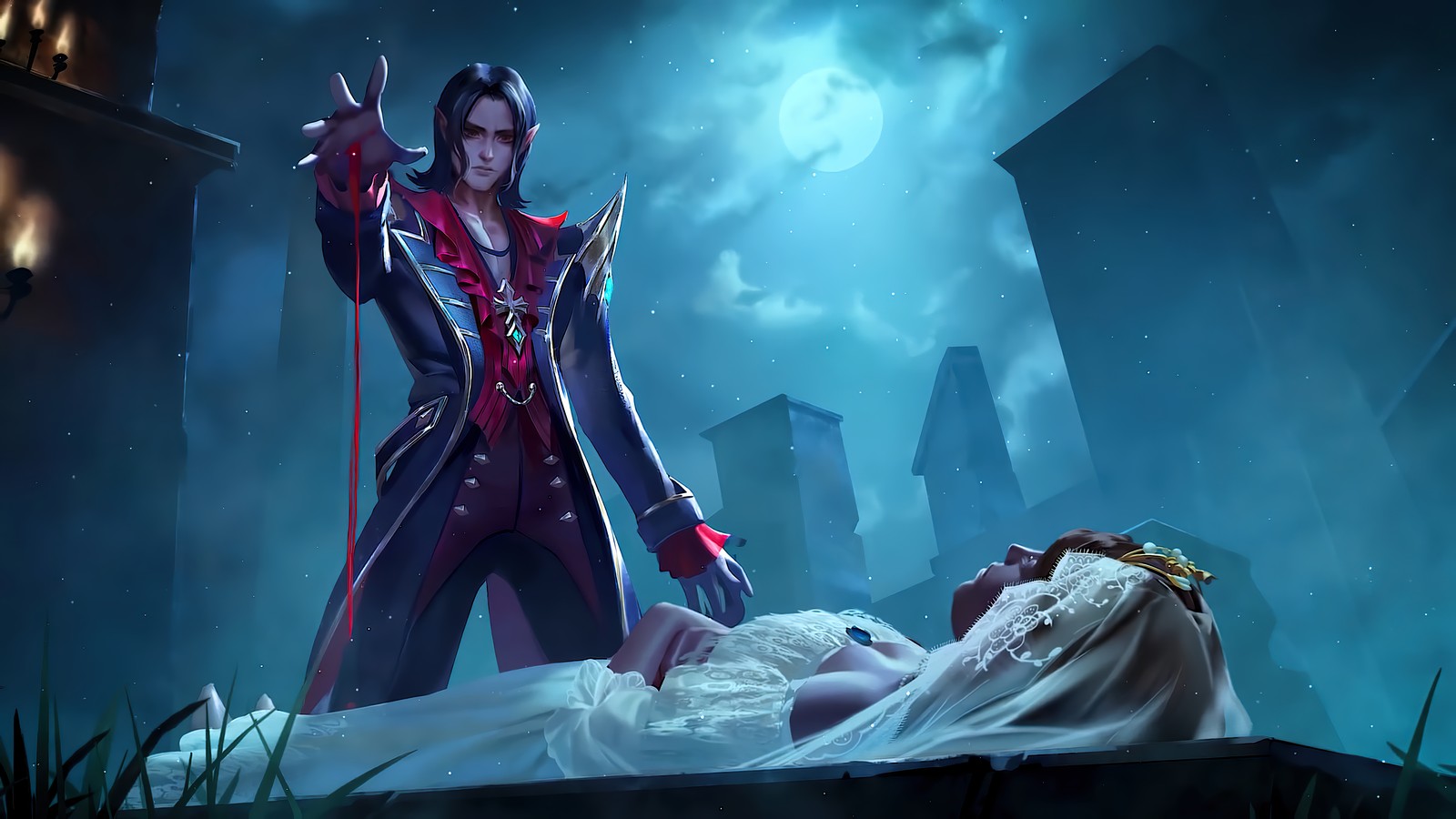 A man in a suit and a woman in a white dress laying on a bed (cecilion, mobile legends, bang bang, ml, mlbb)