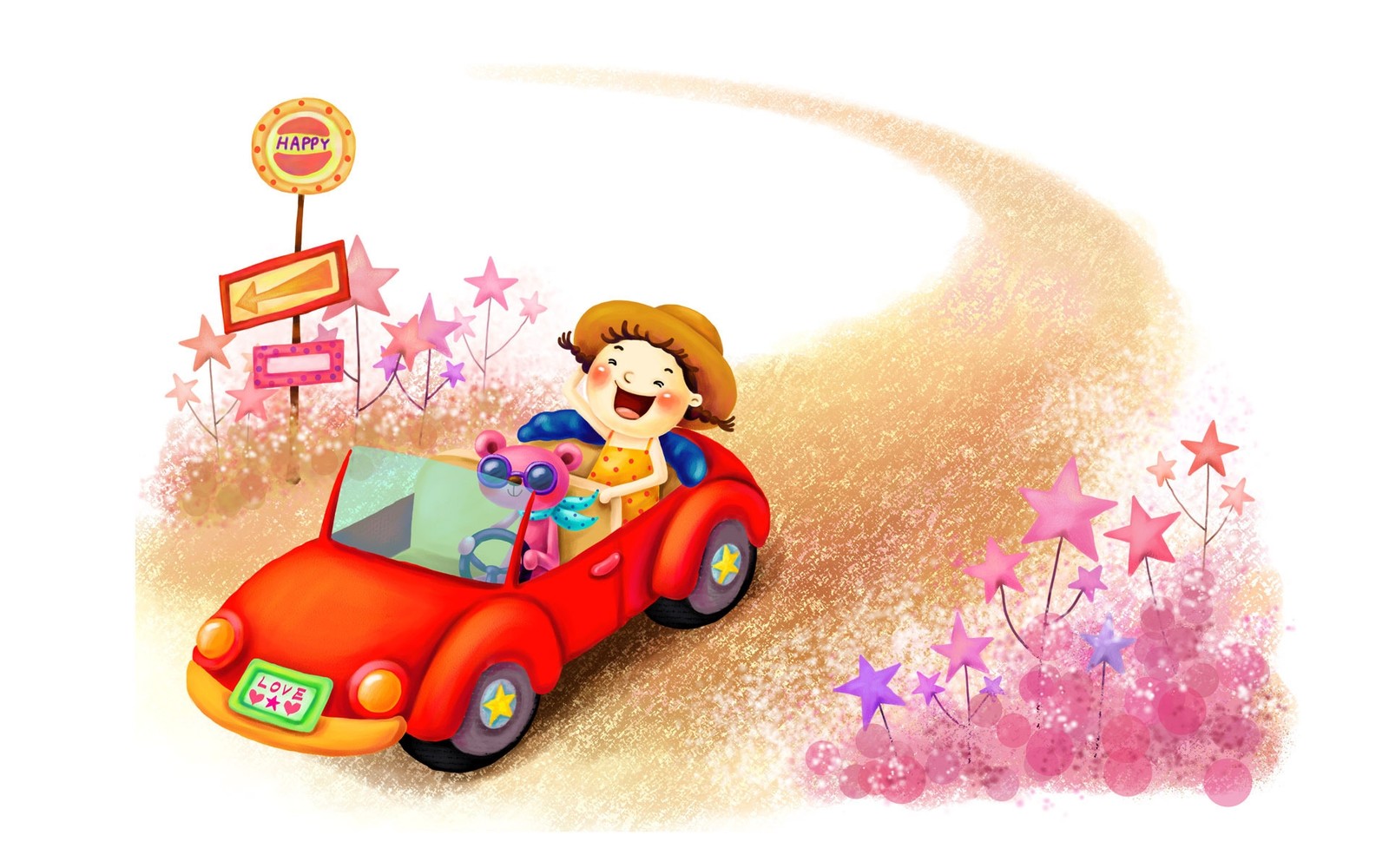 Illustration d'un enfant conduisant une voiture avec un panneau et une étoile (cartoon, dessin, illustration)