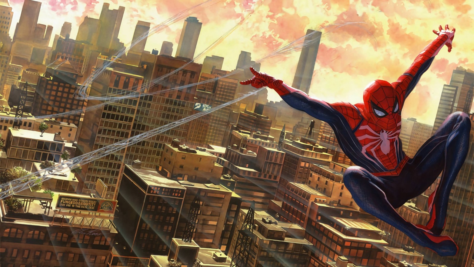 Homem-aranha voando sobre uma cidade com uma cidade ao fundo. (spider man, super herói, jogo de aventura, pc game, ilustração)