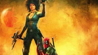 Fusión dinámica de héroes: una ilustración de arte moderno que presenta a una mujer guerrera con Deadpool en un fondo ardiente