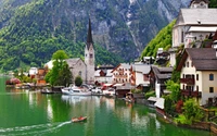 hallstatt, mountain village, town, mountain range, lake wallpaper