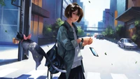 Anime Girl with Cat in Urban Setting