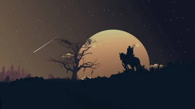 Geralt de Rivia sob um céu iluminado pela lua: uma cena de arte digital minimalista