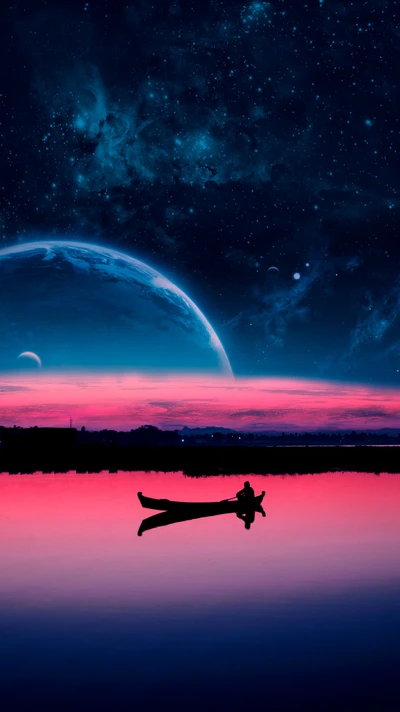 Serene Dusk Over Cosmic Waters: A Tranquil Reflection of Nature and the Universe