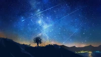 Céu noturno com estrelas cadentes e paisagem serena