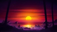 Pôr do sol vibrante sobre uma paisagem urbana: Uma jornada de arte digital