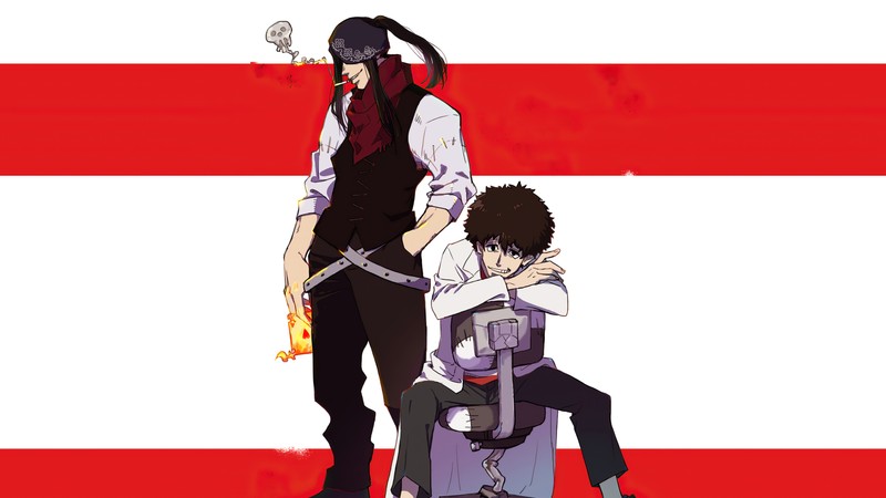 Мужчина и мальчик сидят на стуле с флагом на фоне (fire force, аниме, anime, огненная бригада, enen no shouboutai)