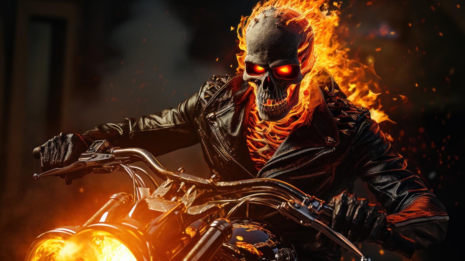 Un gros plan d'une personne à moto avec des flammes (ghost rider, marvel, bandes dessinées, super héros)