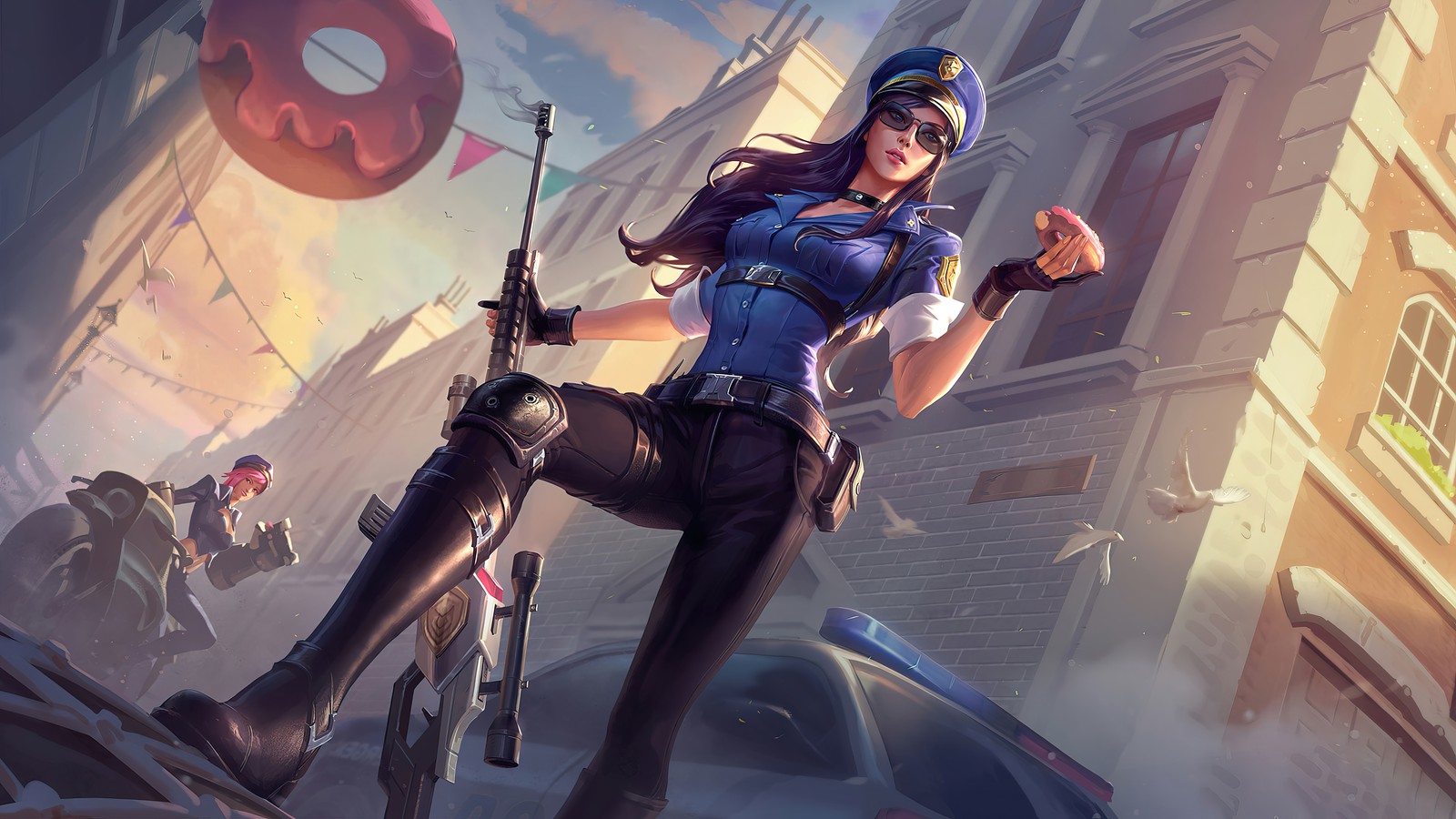 Close de uma mulher em uniforme segurando uma arma (oficial, caitlyn, atualização, league of legends, lol)