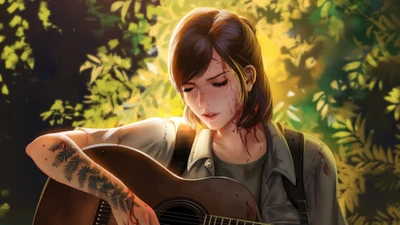 Ellie tocando violão em uma floresta exuberante e ensolarada