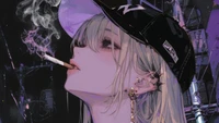 anime girls, cap, smoking wallpaper