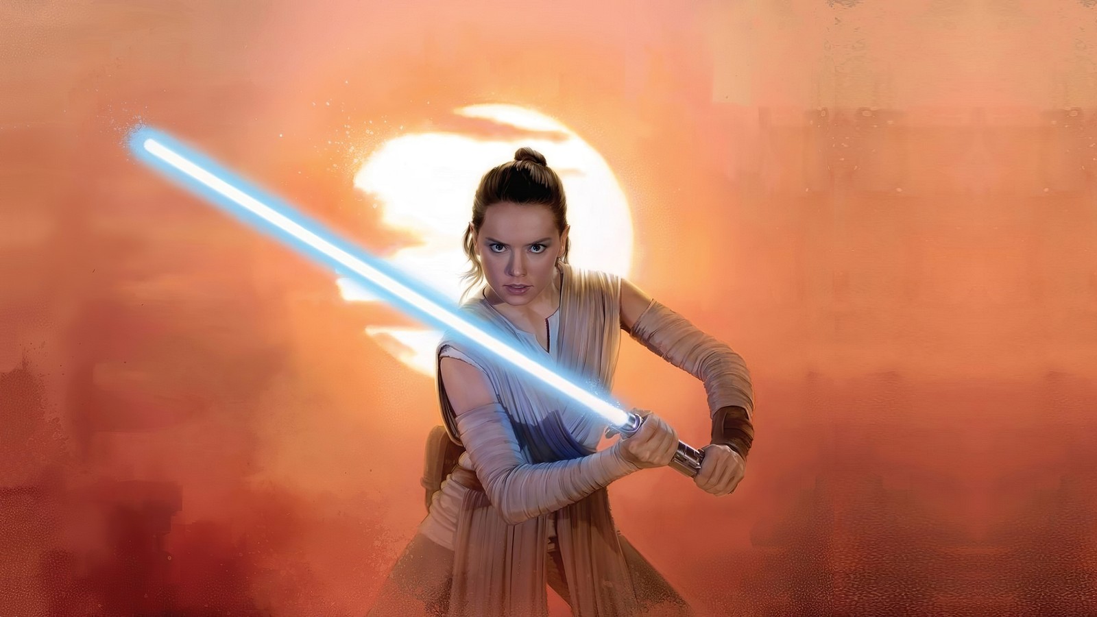 Ein bild einer frau mit einem lichtschwert vor einem sonnenuntergang (rey, star wars, jedi, schwert, obi wan kenobi)