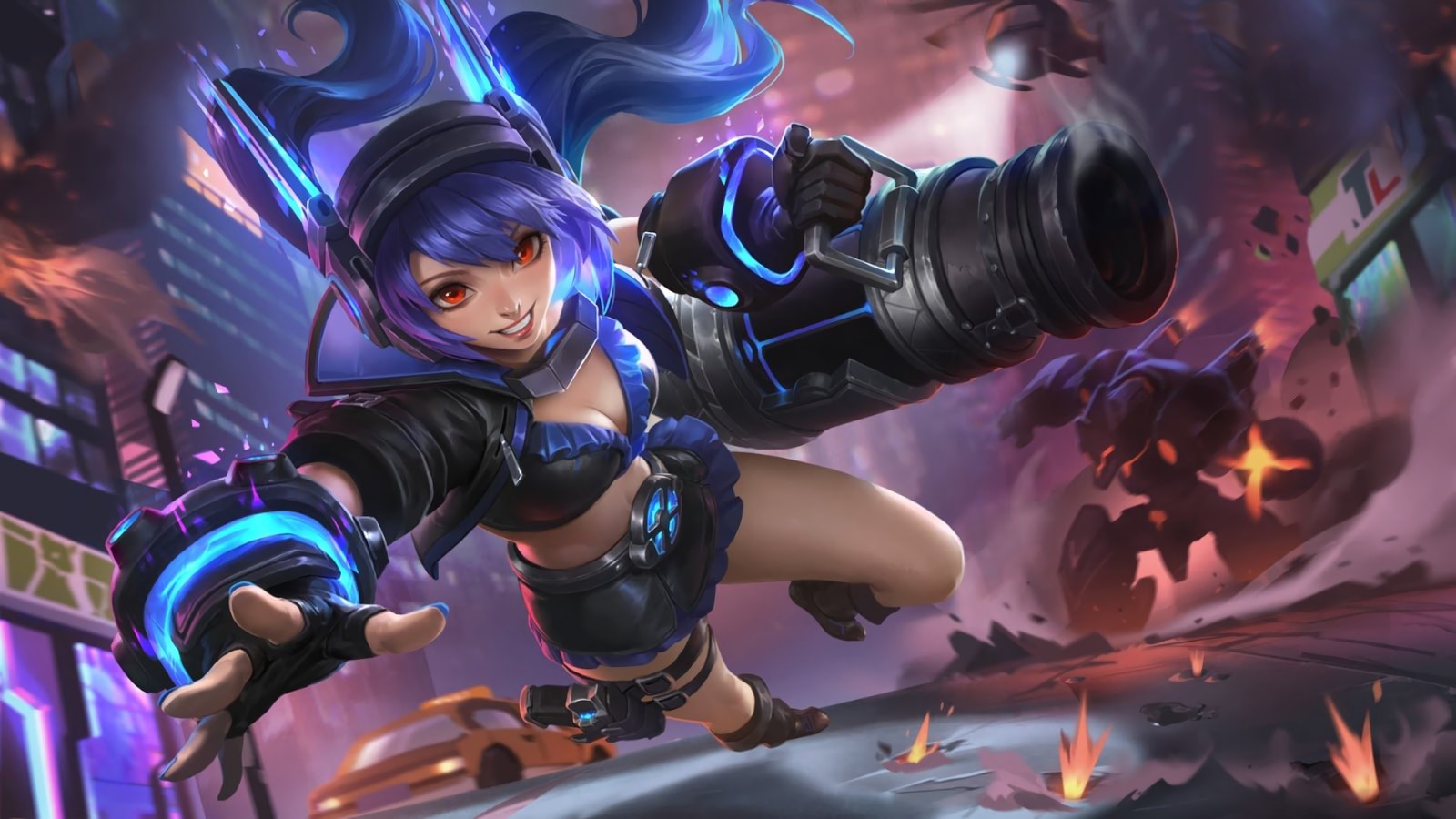 Une femme en tenue noire tenant une arme et une arme (layla, mobile legends, jeu vidéo)