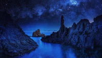 A Tranquil Night Over Azure Waters and Majestic Peaks