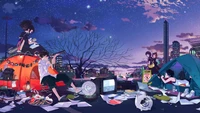 anime, students, camping, night, sky wallpaper