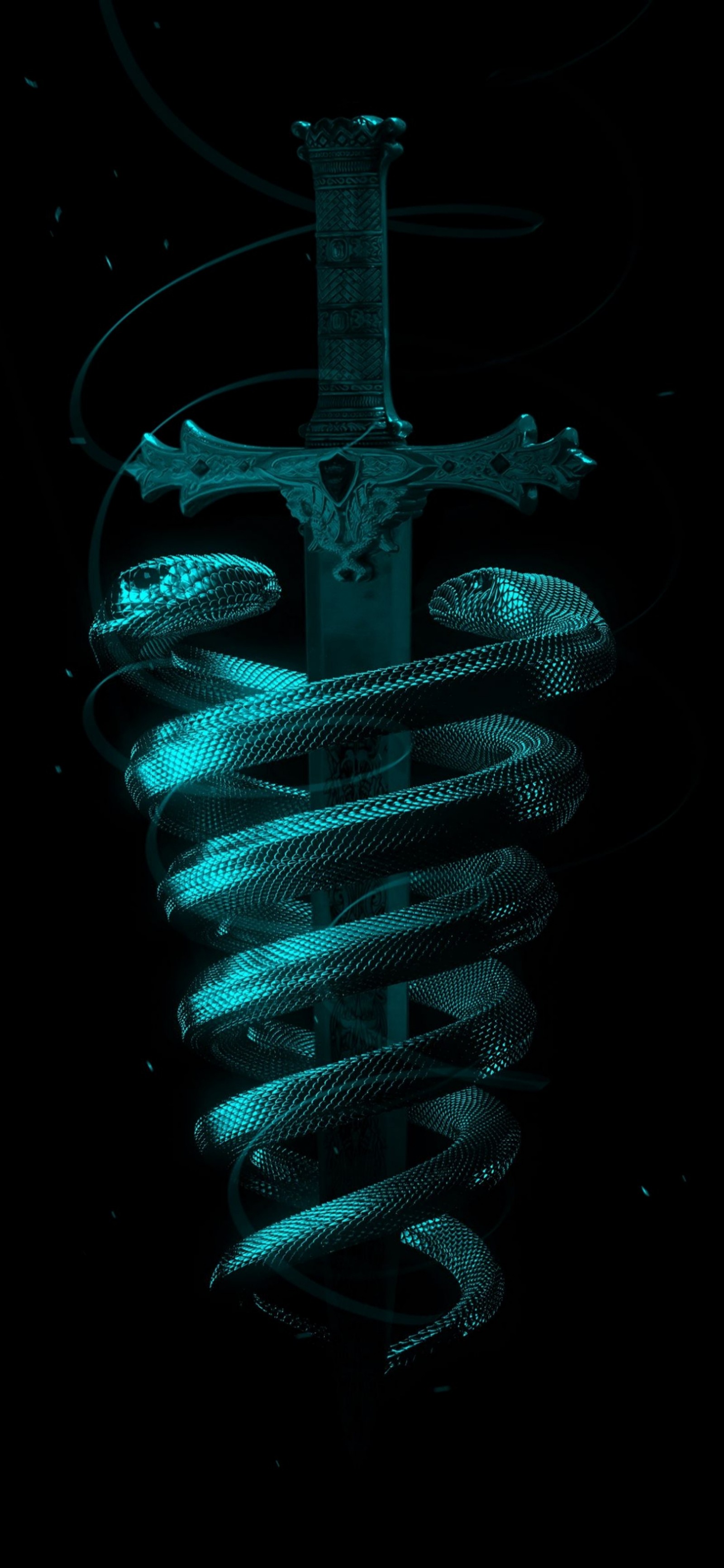 There is a picture of a cross with a snake wrapped around it (darkness, aqua, terrestrial plant, art, water)