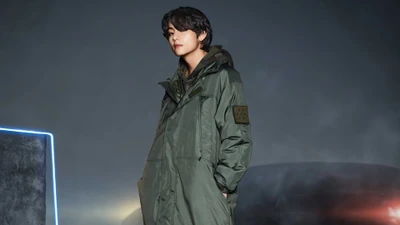 Kim Tae-hyung (V) em uma jaqueta oversized verde estilosa, posando contra um fundo atmosférico e sombrio.