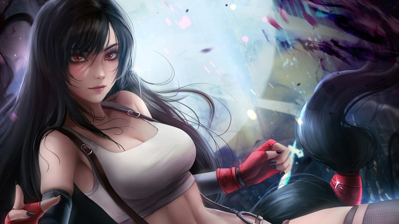 Женщина в белом топе и черных штанах с ножом (тифа локхарт, tifa lockhart, final fantasy 7 remake, ff7, видеоигра)