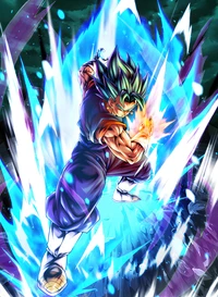 Vegito Super Saiyajin Deus liberando um poderoso ataque de energia em uma pose dinâmica e eletrizante.