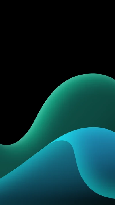 Abstract electric blue and green fluid wave pattern on a black background.