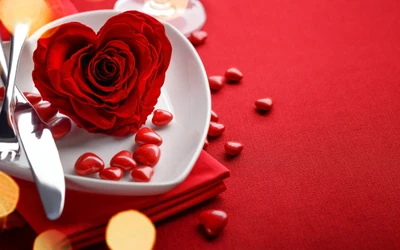 Romantic Valentine's Day Table Setting with Heart-Shaped Rose and Petals