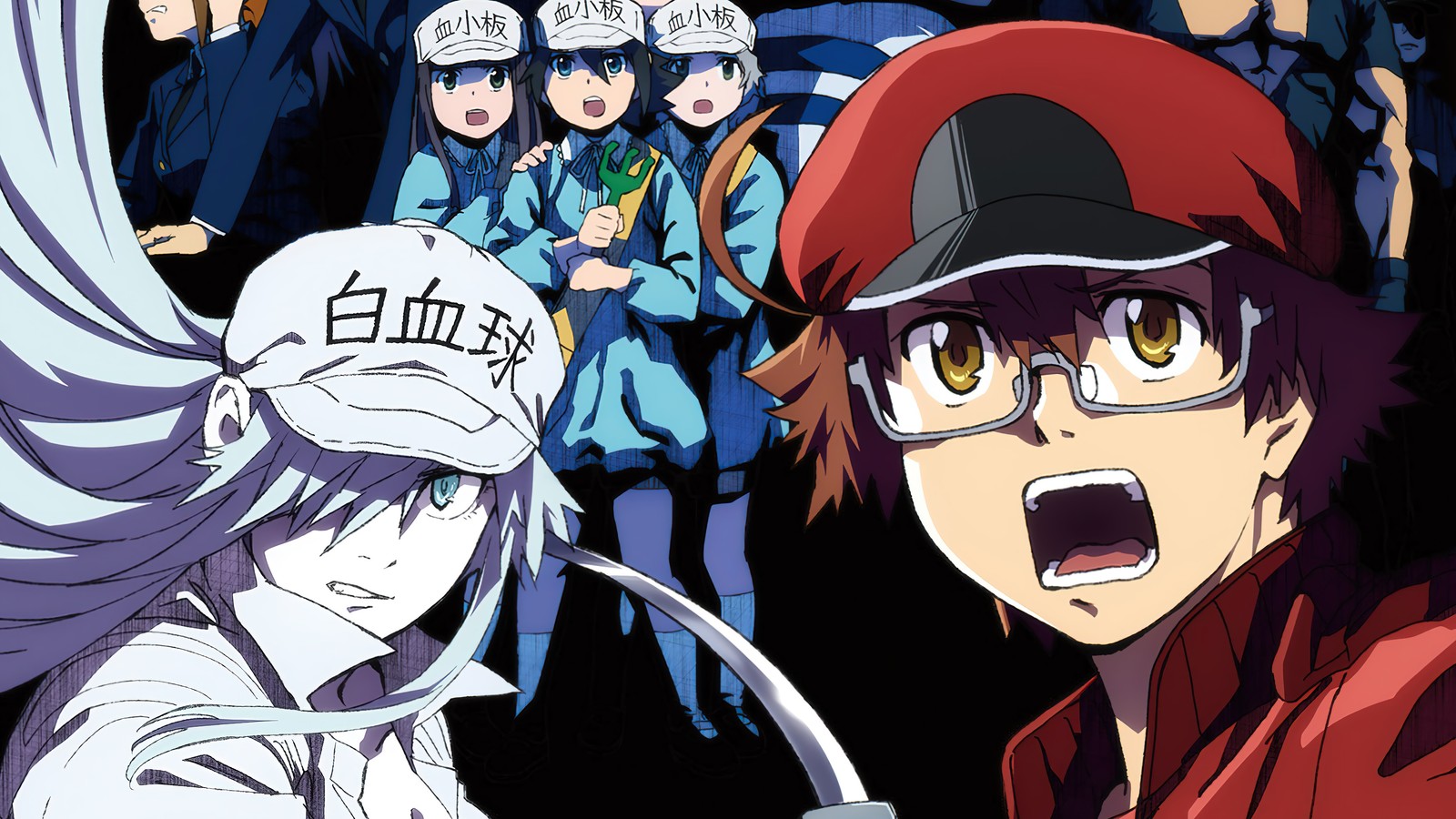 Un grupo de personajes de anime de pie alrededor de otros (células en el trabajo código negro, hataraku saibou black, はたらく細胞black, anime, cartel)